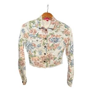 Tinseltown Women's Cropped Floral Denim Jacket with Frayed Hem
